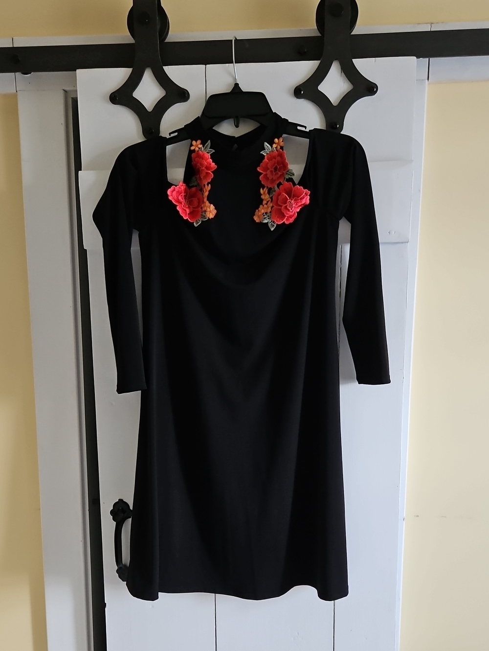 Cold-Shoulder Black Long-Sleeve Dress with Pink & Orange Floral Appliqué